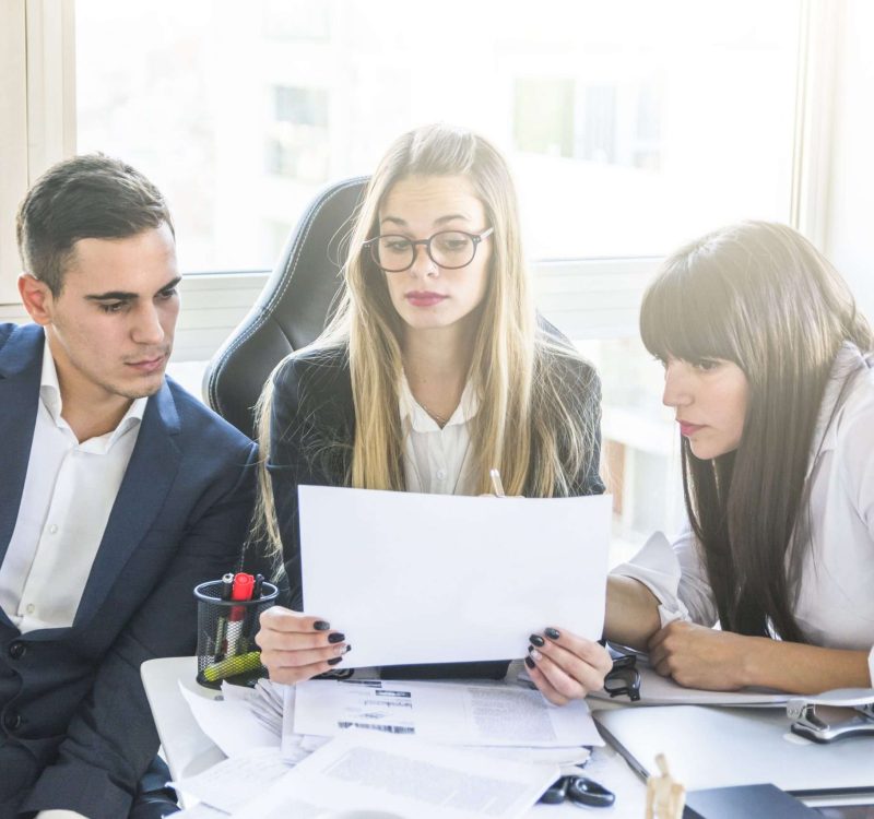 businesspeople-looking-document-office