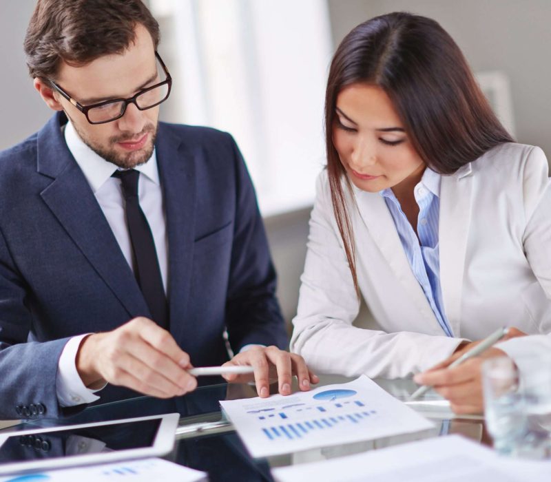 Portrait of smart businesswoman and businessman working in office