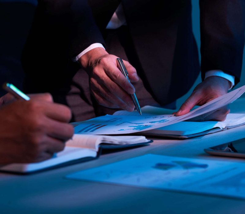 Close-up image of business partners working with financial documents